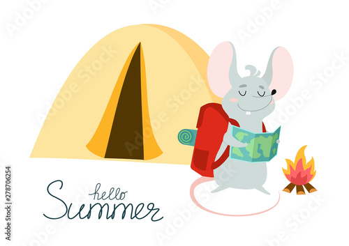 Summer card about camping with a funny rat near the tent. Vector illestration isolated on white background.