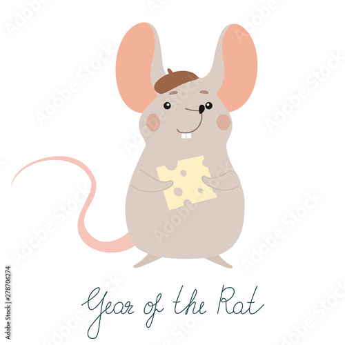 Funny postcard for New 2020 Year  with cute rat and cheese. Year of the Rat. New Year card.  © Tayisiya