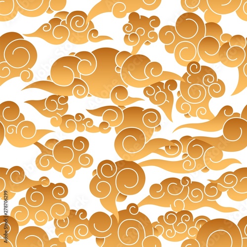 Seamless pattern with golden sun and clouds in traditional Japanese style on ...