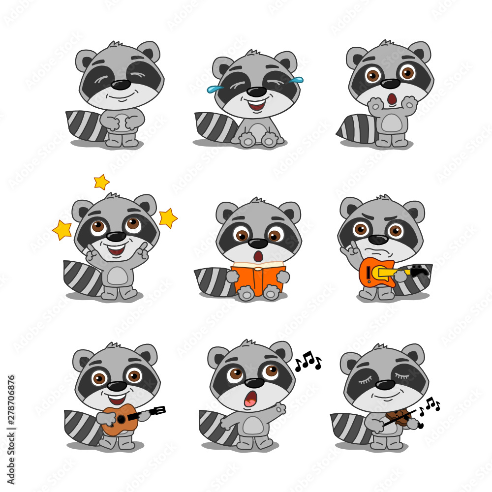 Set of little raccoon in cartoon style in different poses and with musical instruments isolated on white background Set of little raccoon in cartoon style in different poses and with musical instruments isolated on white background