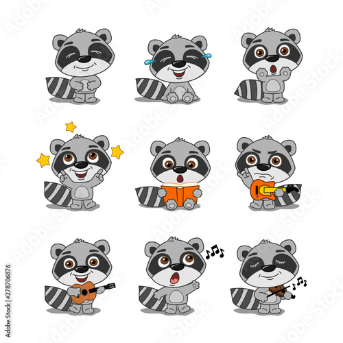 Set of little raccoon in cartoon style in different poses and with musical instruments isolated on white background