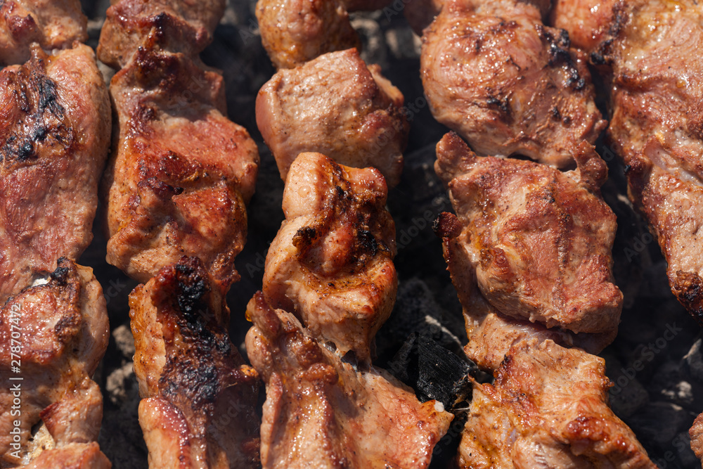 Tasty juicy pork barbecue cooking on metal skewers on charcoal outdoors grill with fragrant fire smoke. Close-up view, cooking during summer picnic. Selective focus on pieces of delicious roast meat. Tasty juicy pork barbecue cooking on metal skewers on charcoal outdoors grill with fragrant fire smoke. Close-up view, cooking during summer picnic. Selective focus on pieces of delicious roast meat.