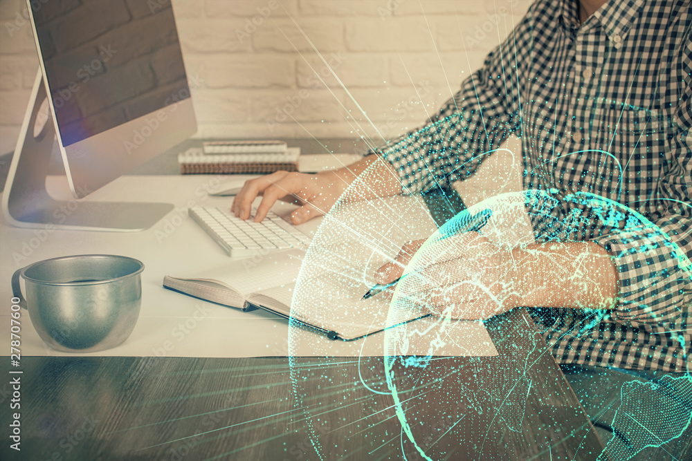 Social network theme hologram with businessman working on computer on background. Concept of world wide web. Double exposure. Social network theme hologram with businessman working on computer on background. Concept of world wide web. Double exposure.