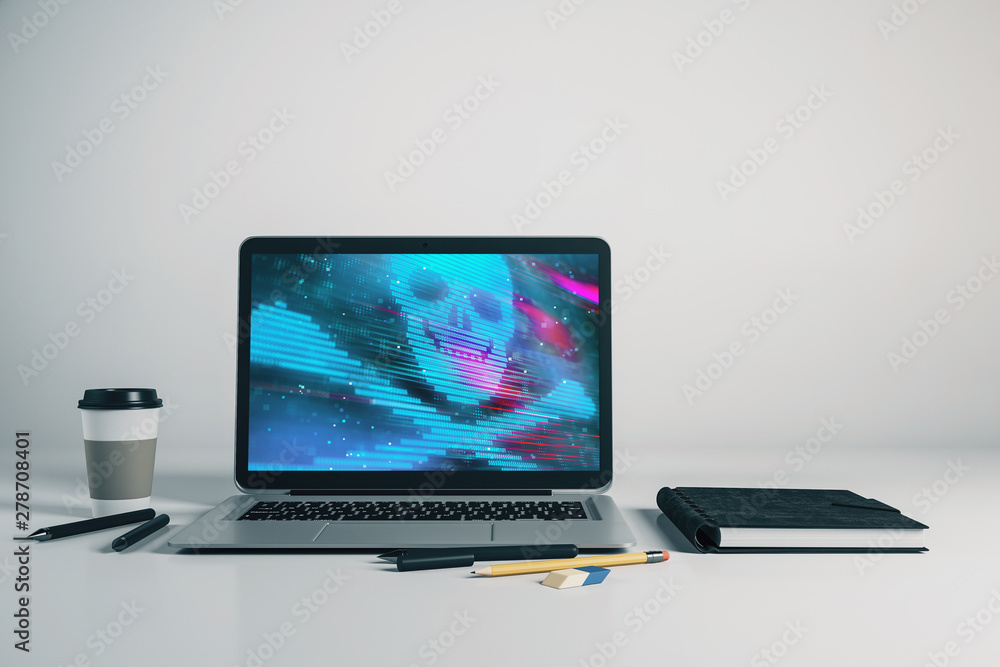 Laptop closeup with cyberpiracy drawing on computer screen. Data safety concept. 3d rendering. Laptop closeup with cyberpiracy drawing on computer screen. Data safety concept. 3d rendering.