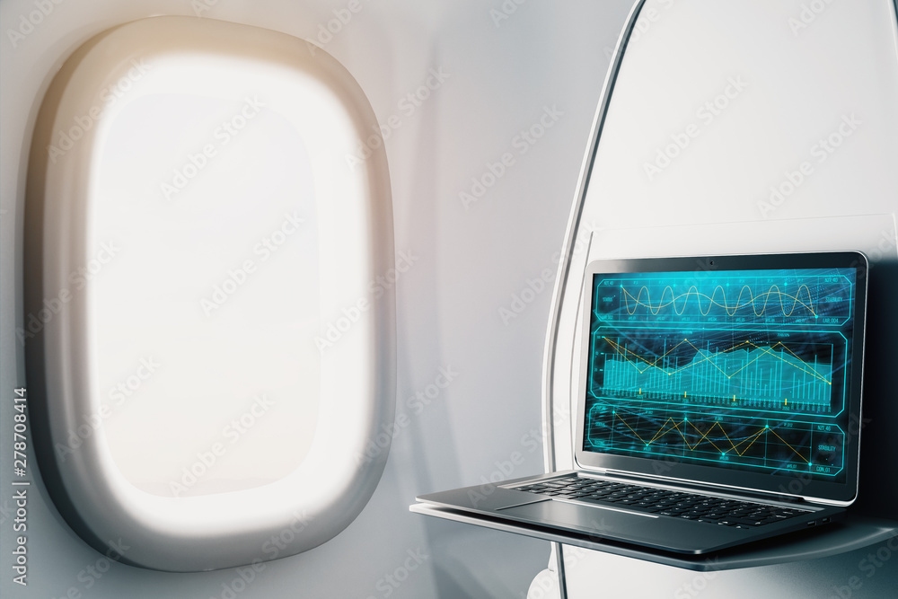 Laptop closeup inside airplane with forex graph on screen. Financial market trading concept. 3d rendering. Laptop closeup inside airplane with forex graph on screen. Financial market trading concept. 3d rendering.