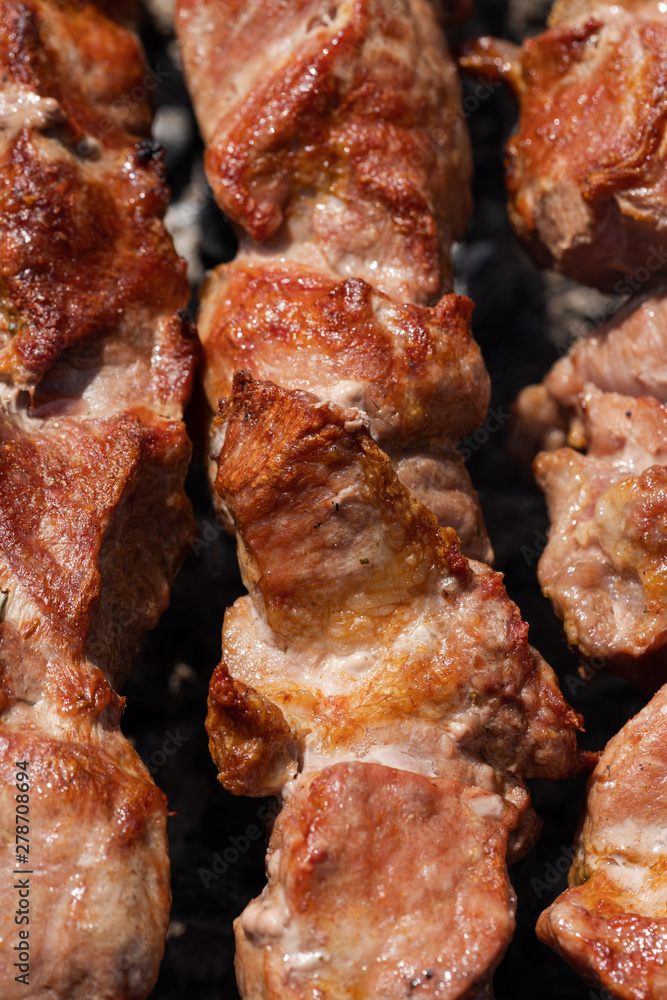 Appetizing juicy pork shish kebabs cooking on metal skewers on charcoal grill with fragrant smoke. Close-up view, selective focus on tasty pieces of roast meat. Cooking during summer picnic. Appetizing juicy pork shish kebabs cooking on metal skewers on charcoal grill with fragrant smoke. Close-up view, selective focus on tasty pieces of roast meat. Cooking during summer picnic.