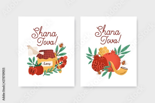 Bundle of Rosh Hashanah flyer or poster templates decorated by shofar horn, honey, apples, pomegranates and leaves. Flat cartoon colorful vector illustration for Jewish religious holiday celebration.