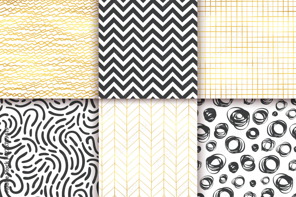 Abstract hand drawn geometric simple minimalistic seamless patterns set. Black and white, golden background collection. Polka dot, stripes, waves, random symbols textures. Vector illustration