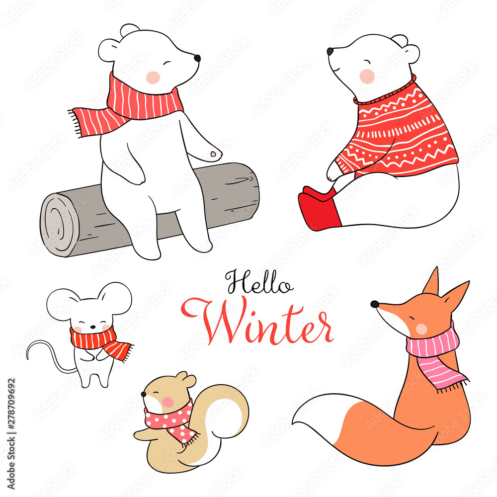 Draw set animal for Christmas day in winter and New year. Stock Vector |  Adobe Stock