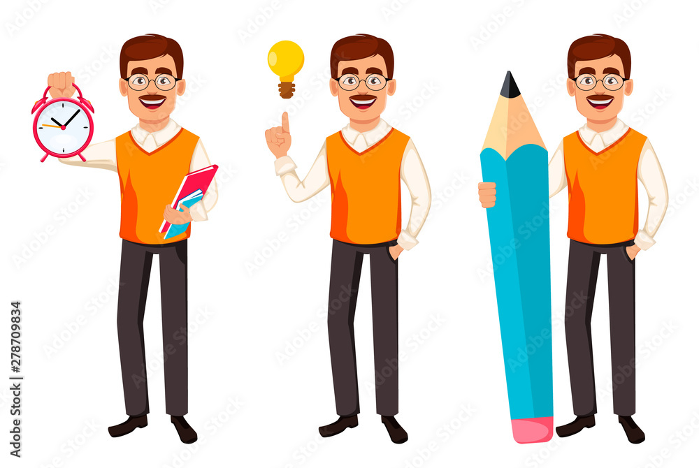 Back to school. Teacher man cartoon character Back to school. Teacher man cartoon character