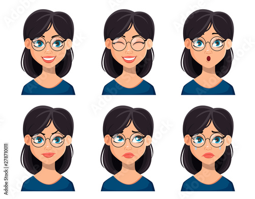 Face expressions of beautiful woman in glasses