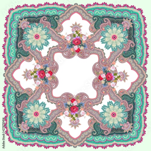 Ornamental shawl with paisley, mandala and bouquets of flowers in ethnic style. Indian, russian motifs.