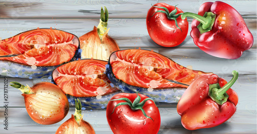 Salmon and veggies Vector watercolor. Fresh fish with onion and pepper on woo...