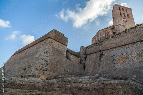 Ancient walls and cathedral in walled enclosure of Dalt Vila of Ibiza, Eivissa, Balearic Islands. Spain.