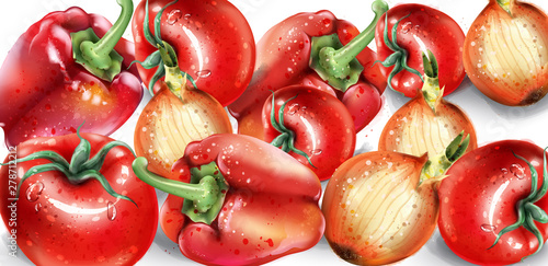 Vegetables watercolor Vector poster. Delicious tomatoes, red pepper and onion...