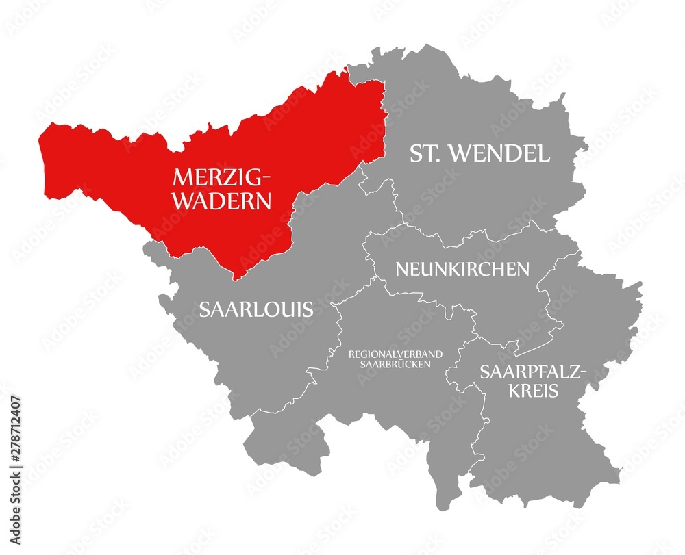 Merzig-Wadern red highlighted in map of Saarland Germany DE