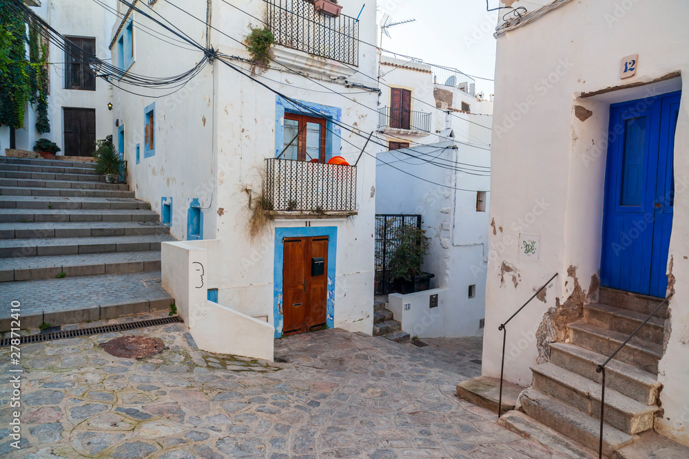 Typical street in historic center, Dalt Vila of Ibiza, Eivissa, Balearic Islands. Spain.