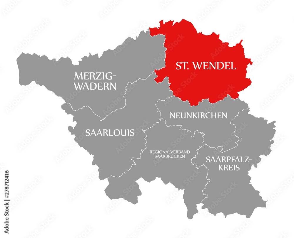 St Wendel red highlighted in map of Saarland Germany DE