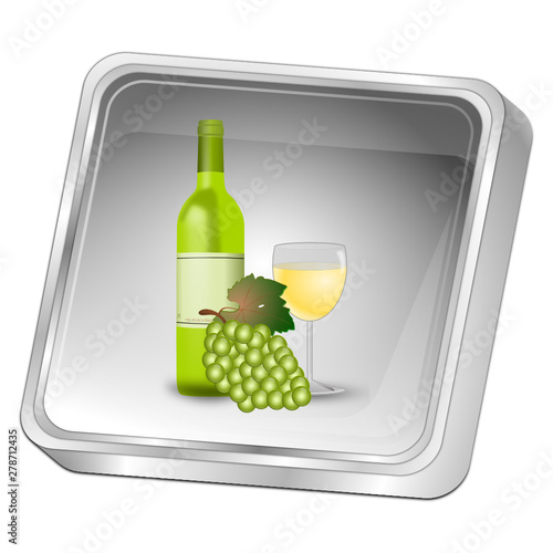 Button with wine bottle, a glass of wine and Grapes - 3D illustration