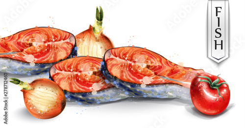 Salmon and veggies Vector watercolor. Fresh fish with onion and tomatoes. Del...