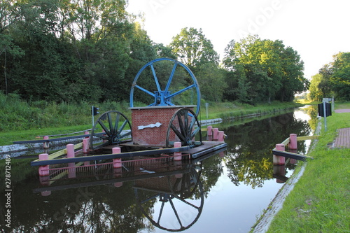 Fototapeta Naklejka Na Ścianę i Meble -  The Inclined Planes and carriage in Buczyniec, Machinery for ships transporting over hills, Unesco memorial to world culture. Poland, Elblag Canal (Oberlandkanal),