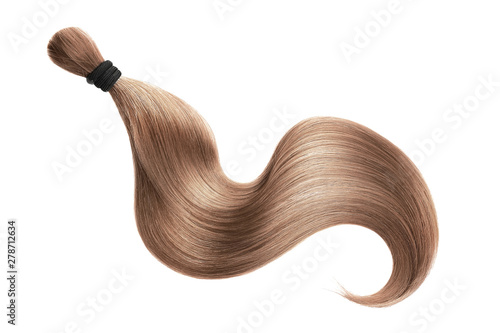 Brown hair isolated on white background. Long ponytail.