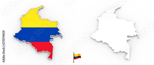 3D map of Colombia white silhouette and flag