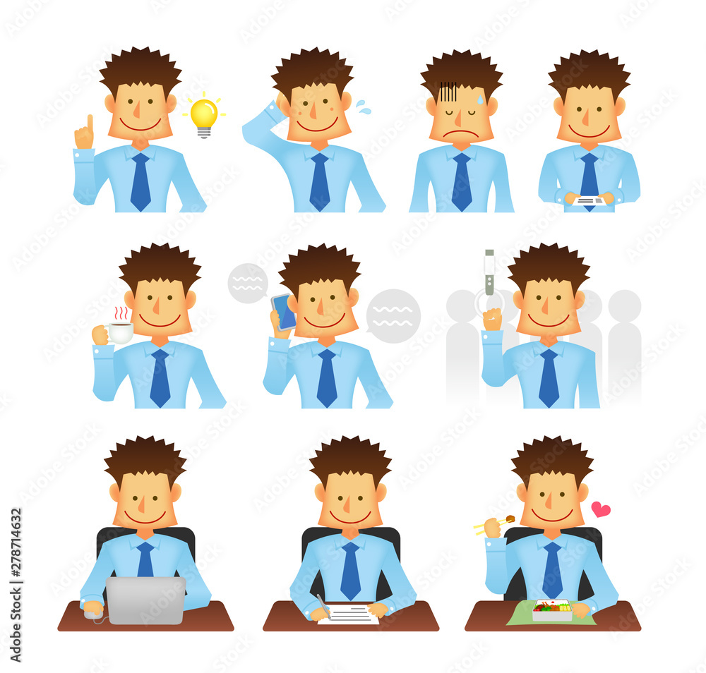 Asian business person vector flat illustration set (upper body) / various business situations (commuting, coffee break, working with computer, talking on phone etc.) Asian business person vector flat illustration set (upper body) / various business situations (commuting, coffee break, working with computer, talking on phone etc.)