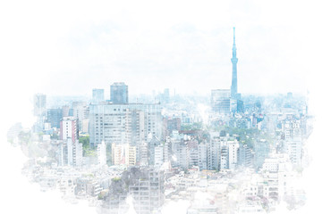 Fotobehang Aquarelschilderij wolkenkrabber  Tokio stadsgezicht in Japanse aquarel  © kurosuke