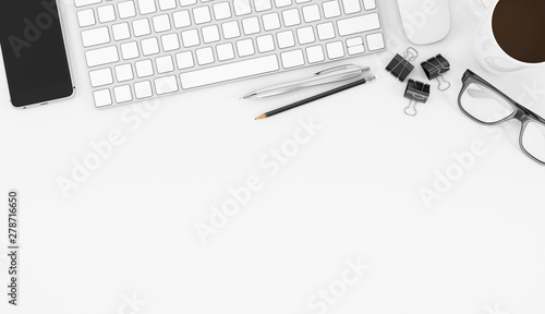 Office desk with keyboard, glasses, phone, mouse, pen and coffee cup top view on white background, workspace design illustration 3D rendering