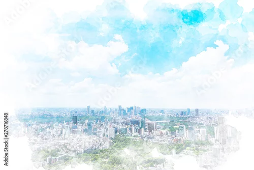 Obraz Dekoracje Tokio Panoramę miasta Tokio, Japonia. Ilustracja stylu malarstwa akwarelowego.
