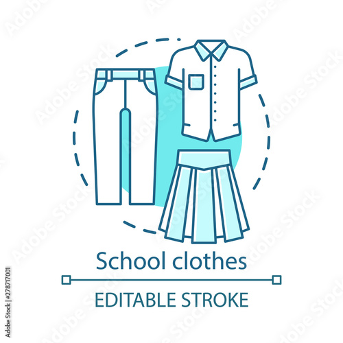 Student clothes, uniform concept icon. Pupil official fashion idea thin line illustration. Men and women school apparel. T shirt, pants and long skirt vector isolated outline drawing. Editable stroke