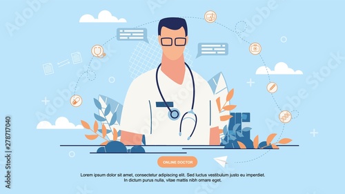 Bright Poster is Written Online Doctor Cartoon.