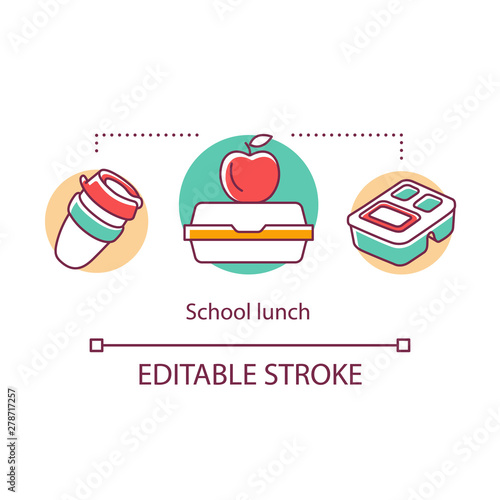 School lunch concept icon. Meal, snacks for pupils, students during break. Lunch box, red apple, disposable plastic cup thin line illustration. Vector isolated outline drawing. Editable stroke
