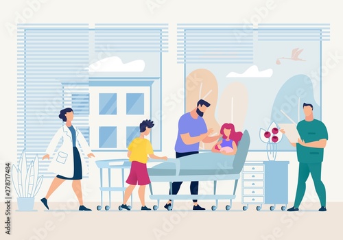 Mother Holds Newborn in her Arms Cartoon Flat.