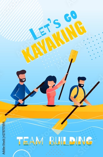 Banner Flat Lets Go Kayaking Team Building Cartoon