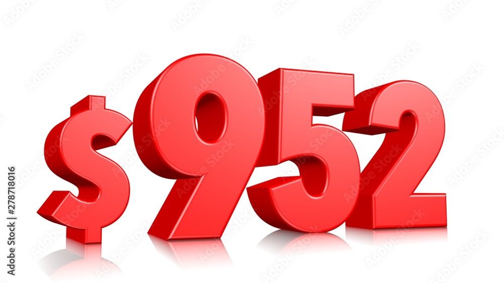 952$ Nine hundred and fifty two price symbol. red text number 3d render with dollar sign on white background 952$ Nine hundred and fifty two price symbol. red text number 3d render with dollar sign on white background