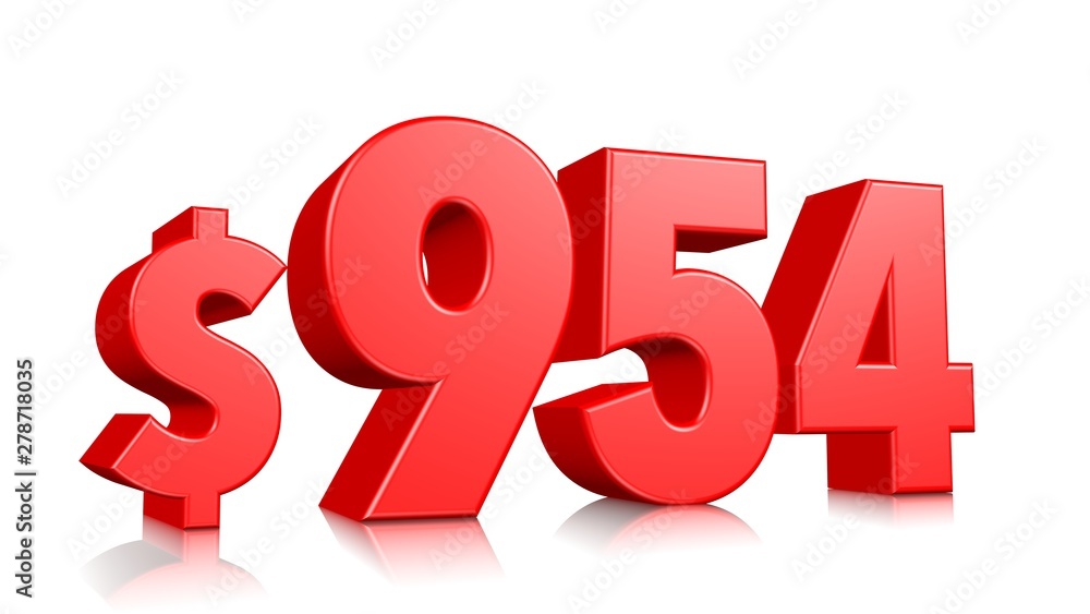 954$ Nine hundred and fifty four price symbol. red text number 3d render with dollar sign on white background