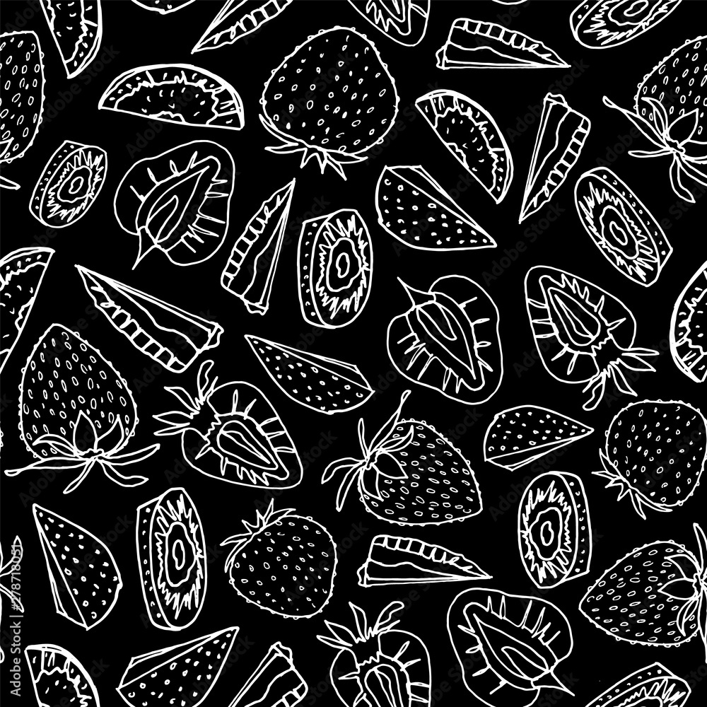 Line art black and white strawberry seamless pattern background design. Line art black and white strawberry seamless pattern background design.