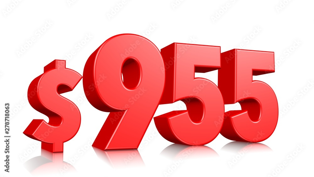 955$ Nine hundred and fifty five price symbol. red text number 3d render with dollar sign on white background 955$ Nine hundred and fifty five price symbol. red text number 3d render with dollar sign on white background