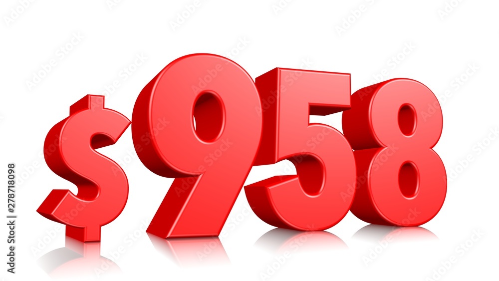 958$ Nine hundred and fifty eight price symbol. red text number 3d render with dollar sign on white background 958$ Nine hundred and fifty eight price symbol. red text number 3d render with dollar sign on white background