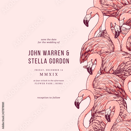 Pink flamingo wedding invitation. Card design template. Vector illustration