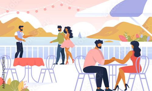 Couples Relaxing Outdoors, Sit in Open Air Cafe,
