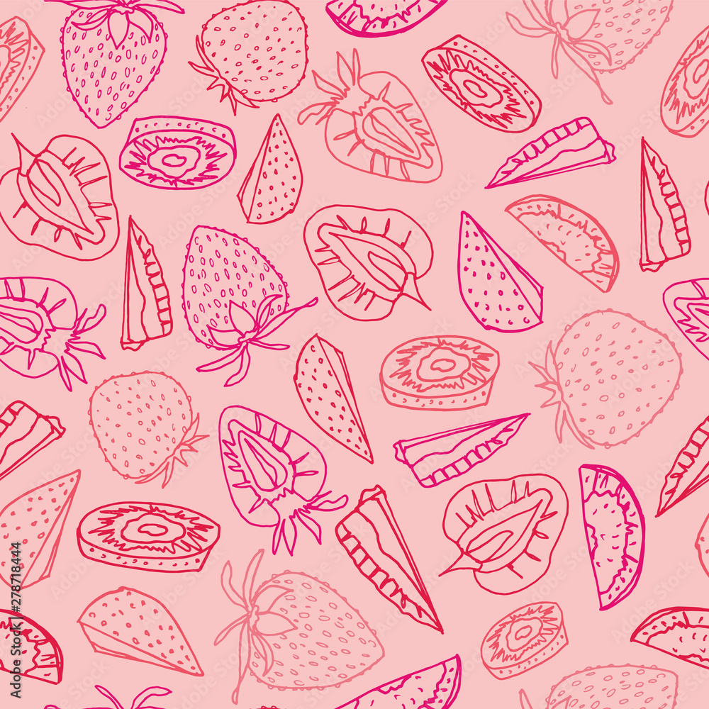 Line art red and pink strawberry seamless pattern background design. Line art red and pink strawberry seamless pattern background design.