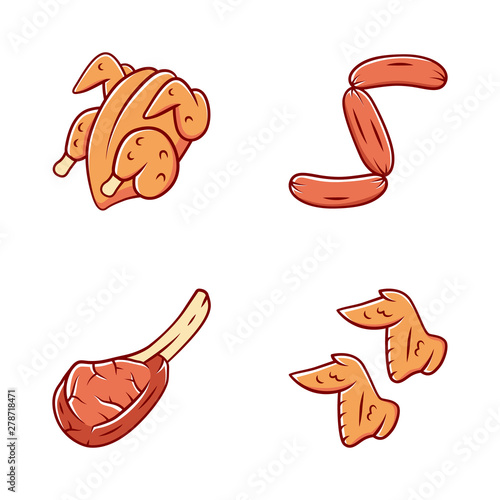 Butchers meat color icons set. Grilled chicken carcase and wings, tomahawk steak, sausages, pork rib. Protein sources. Butchery business. Roasted meat production and sale. Isolated vector illustration