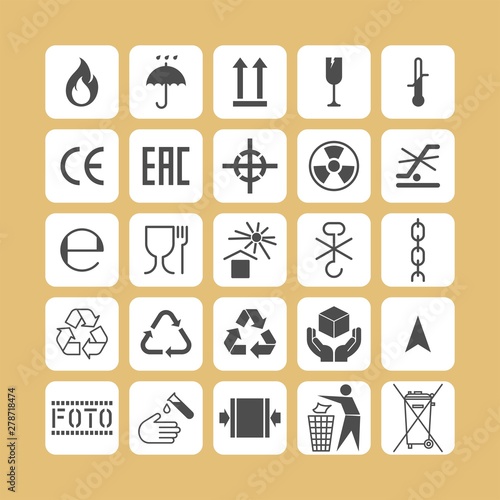 Packaging flat vector symbols. Signs on the package