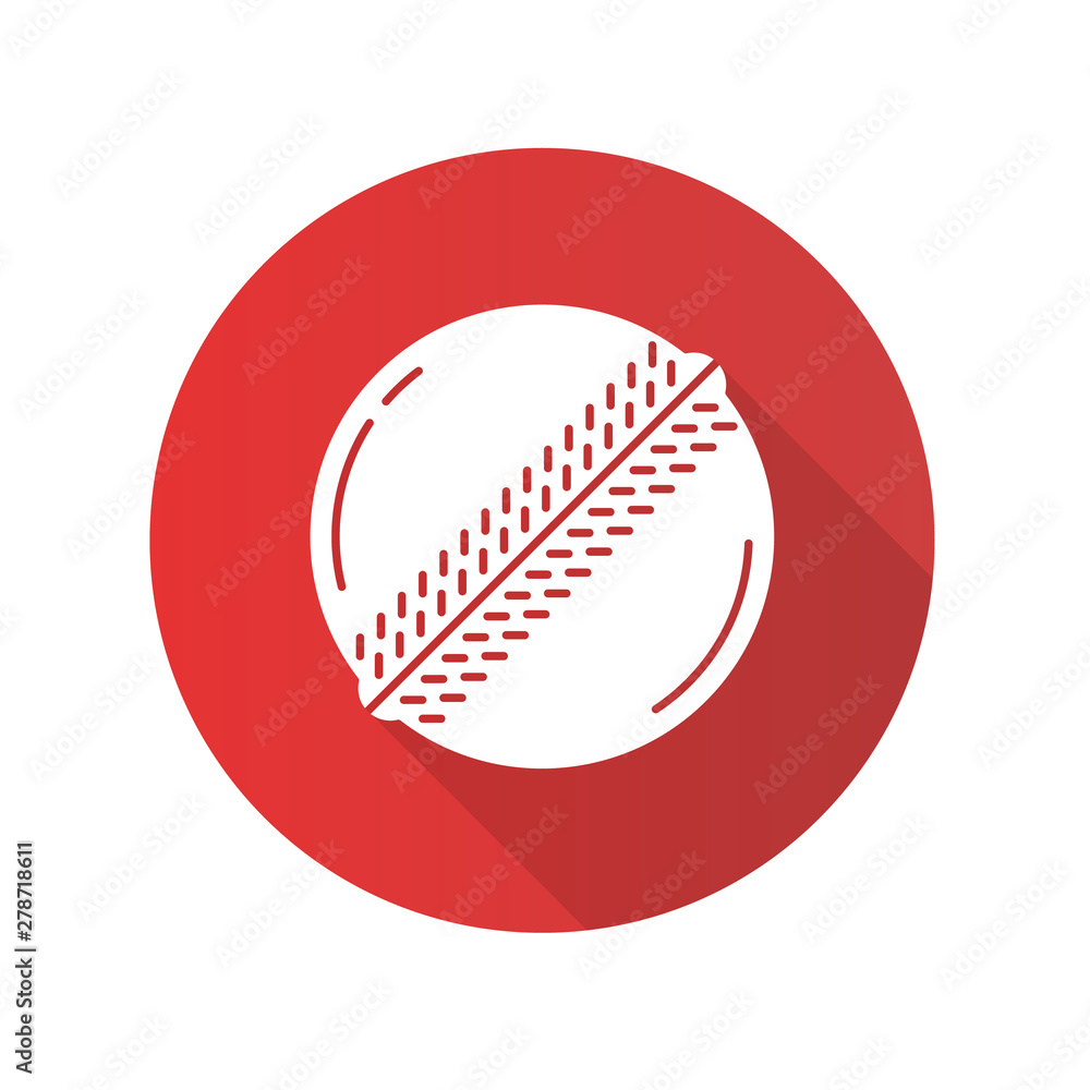 Cricket ball flat design long shadow glyph icon. Professional sport equipment. Ball with prominent sew. Team game accessory. Outdoor sports activity. Sporting gear. Vector silhouette illustration Cricket ball flat design long shadow glyph icon. Professional sport equipment. Ball with prominent sew. Team game accessory. Outdoor sports activity. Sporting gear. Vector silhouette illustration