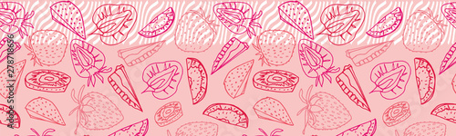 Line art red and pink strawberry seamless horizontal border.