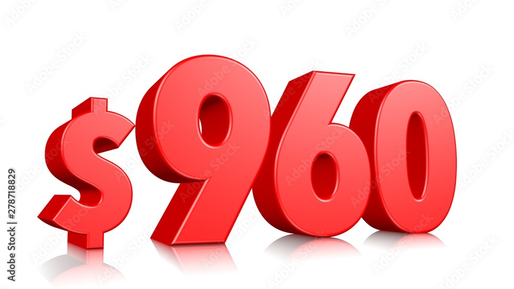 960$ Nine hundred and sixty price symbol. red text number 3d render with dollar sign on white background 960$ Nine hundred and sixty price symbol. red text number 3d render with dollar sign on white background