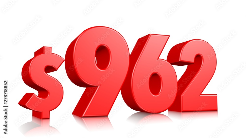 962$ Nine hundred and sixty two price symbol. red text number 3d render with dollar sign on white background 962$ Nine hundred and sixty two price symbol. red text number 3d render with dollar sign on white background